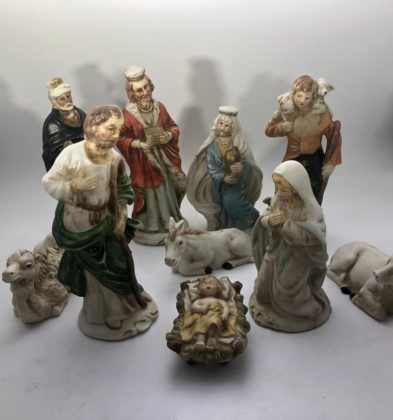 Large Vintage Nativity Set Creche 10 Porcelain Figures Etsy
