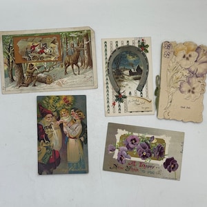 5 Vintage / Antique Weihnachts- und Neujahrsgrüße - Kaffeewerbekarte, 3 Postkarten, schwedische God Jul-Karte, frühe 1900er Jahre, Sammlung