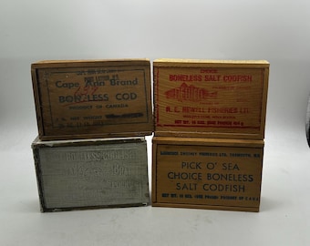 Vintage Rustic Wooden Codfish Boxes, Lids, 4 Available, Perfect for Crafts, Diorama, Assemblage or Small Storage for Desk, Dresser or Studio