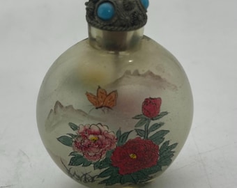 Vintage Chinese Glass Snuff Bottle: Reverse Painted Flowers, Butterflies, Ornate Lid, 2.75 Inches Tall, Elegant Vanity Decor, Collection