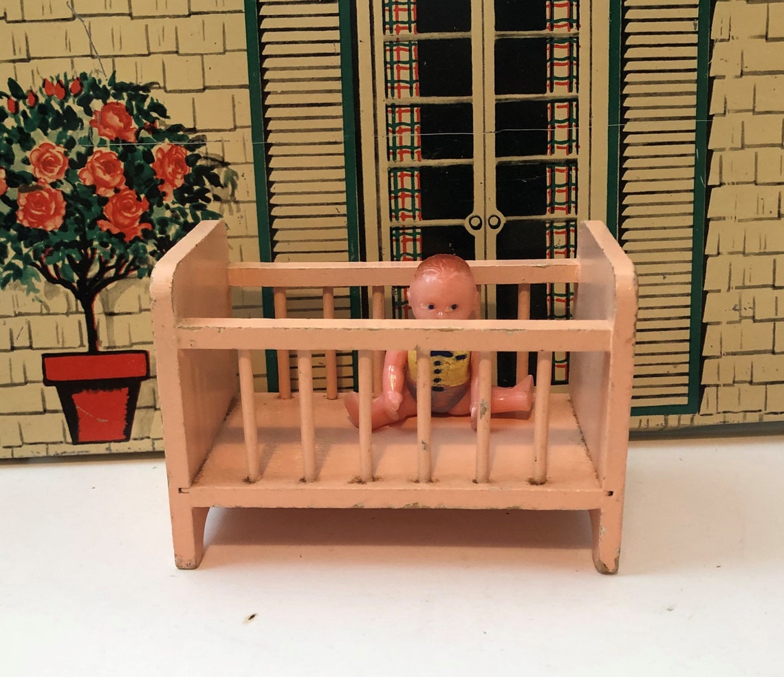 Vintage Pink Wooden Dollhouse Nursery Furniture Crib Etsy