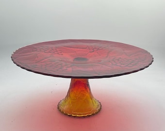 Vintage LE Smith Glass Cake Plate, Stand: Amberina (Red and Yellow) with Grape and Vine Pattern, 12 Inches, 1970s, Display, Gift, Collection