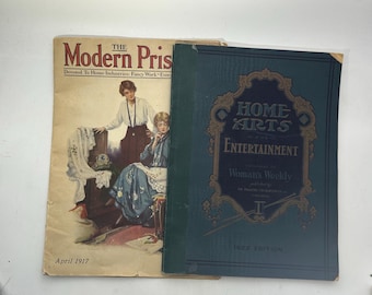 2 vintage tijdschriften: 1917 Modern Priscilla, 1922 Home Arts, Roaring 20s Flapper Era, mode, woondecoratie, naaien, borduurwerk, advertenties