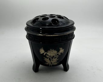 Vintage LE Smith Black Amethyst Flower Frog and Vase with Silver Floral and Greek Key Design: 1930s-1940s, Collection, Display, Halloween