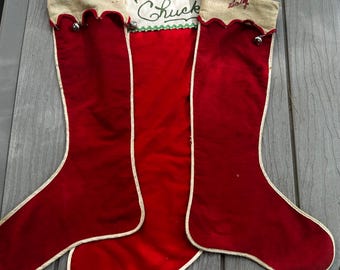 Vintage Red Flannel Christmas Stocking: Monogrammed Chuck, Ginny, Sally, Jingle Bells, 18 Inches Long, Midcentury, 1950s-1960s, Gift, Decor