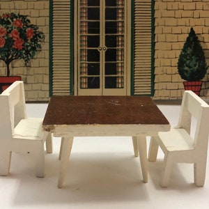 Vintage Wooden Dollhouse Dining Room / Kitchen Furniture -- Barton Table, 2 White Chairs, 3/4, 1:16 (Lundby) Scale -- for Play, Collection
