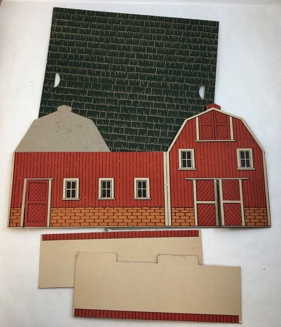 Vintage Toy Farm Set Cardboard Red Barn And Fences Etsy