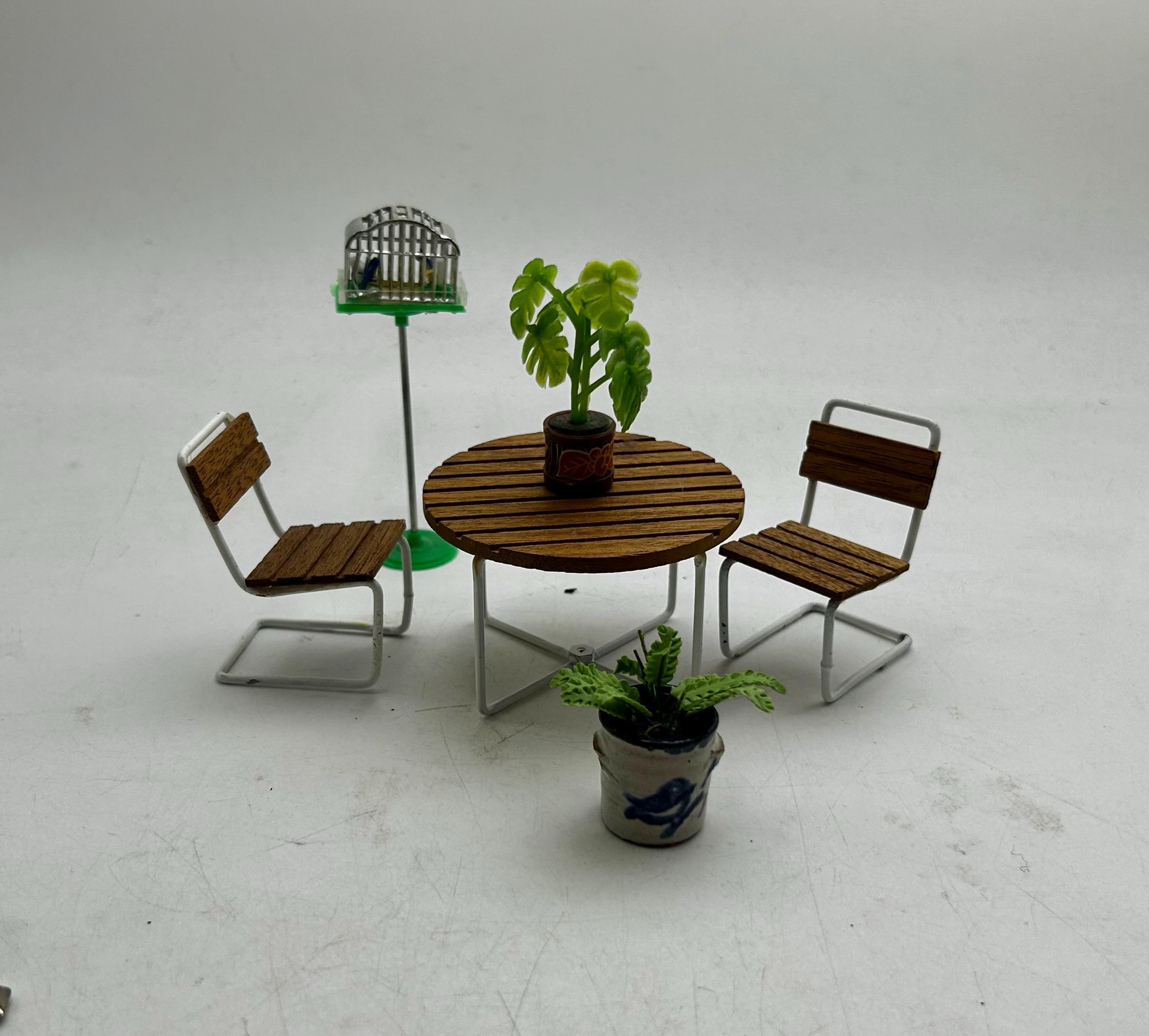 Vintage Lundby Dollhouse Patio / Garden Furniture - Wood, Wire Table, 2 Chairs, Bird Cage, 1:16 or 3/4 Scale, 1970s-1980s, Play or Display