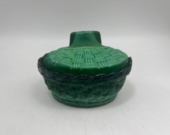 Vintage Malachite Green Lidded Glass Basket: Bohemia, Czechoslovakia, 1930s-1950s, 5.5 Inches Long, Gift, Vanity Decor, Collection