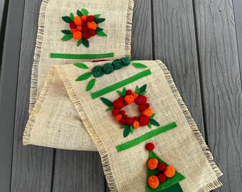 Vintage Burlap Christmas Banner / Wall-hanging: Handmade, Red and Green Felt, Pompoms, 40 Inches, 1980s, Holiday Decoration