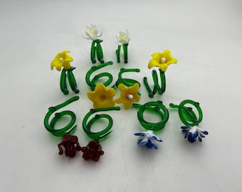 Vintage Glass Flower Napkin Rings, Sets of 2 or 4, 10 Total, Shower, Party Table Decor, Blue, White, Red, Yellow with Green Leaves, Gift