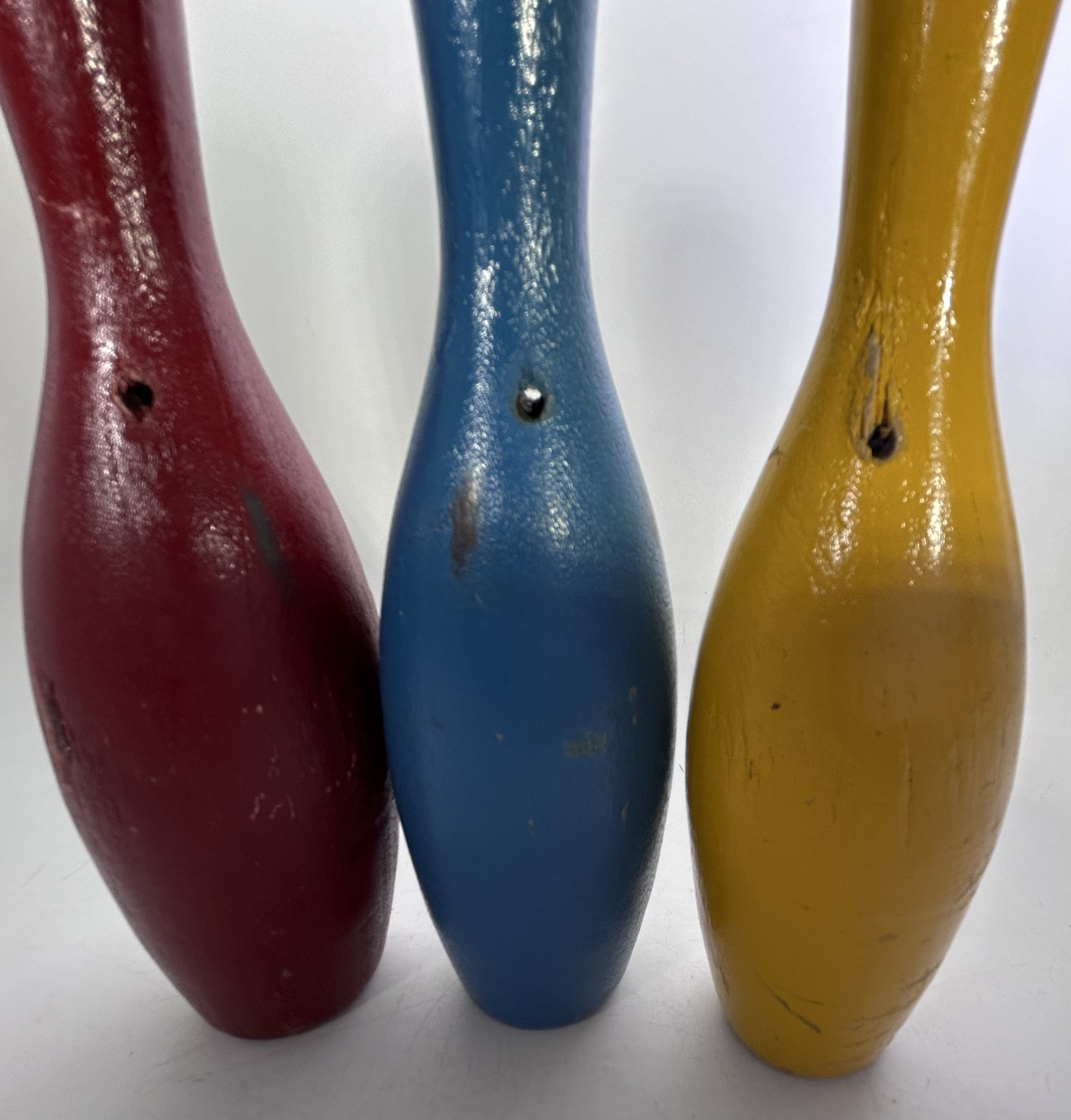 3 Vintage Toy Bowling Pins - 7 Inches Tall, Red, Yellow and Blue, for ...