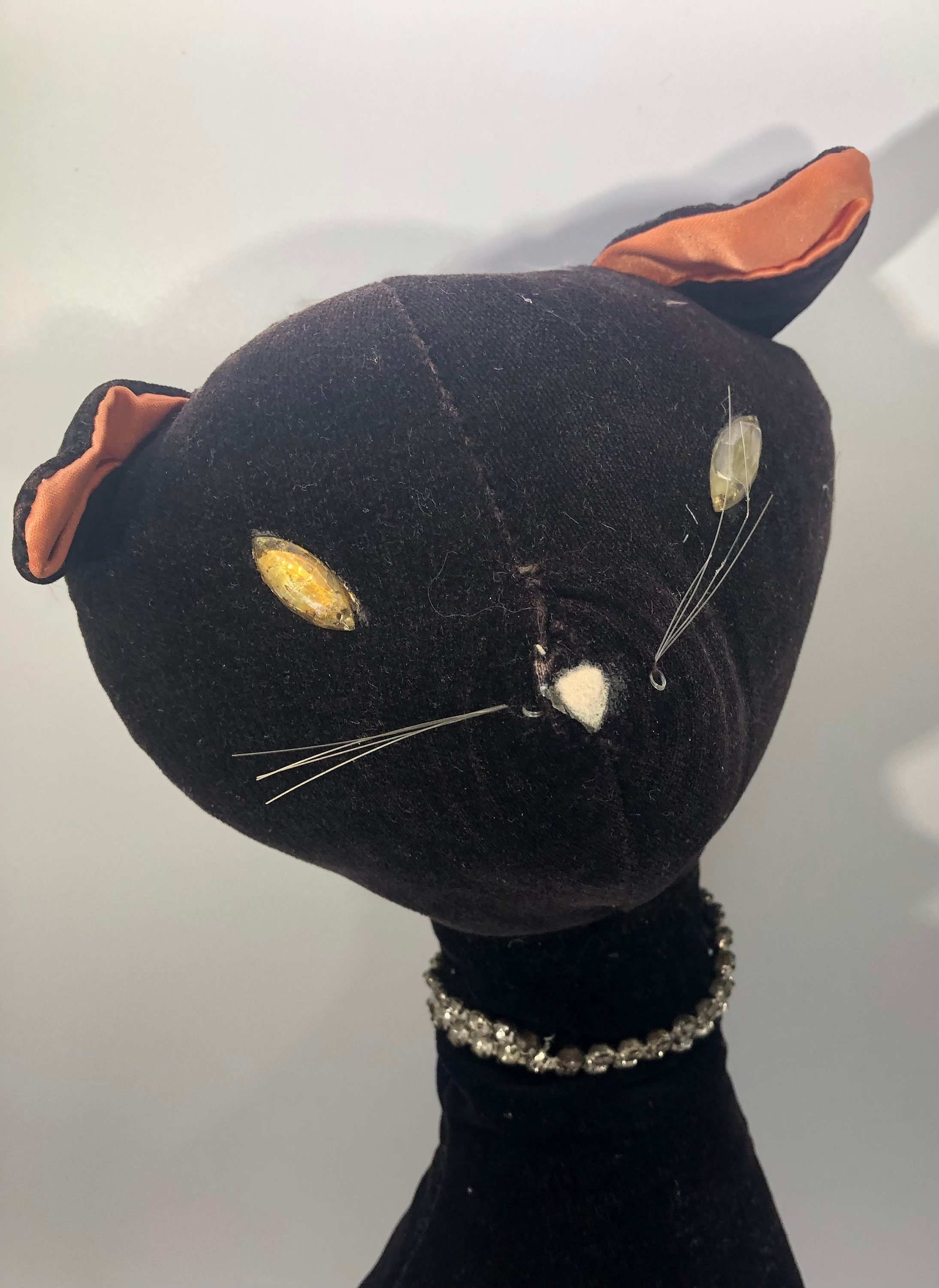 Vintage Stuffed / Plush Black Velvet Cat - Jewel Eyes, Rhinestone 