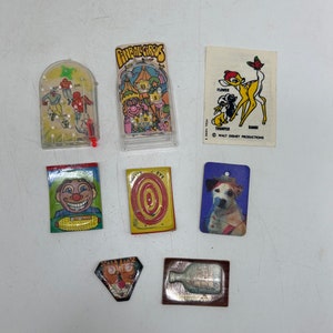 7 Vintage Miniature Toys, Crackerjack / Gumball Prizes - Football and Circus Pinball, Disney Decal / Sticker, Bull's Eye, Ship Games