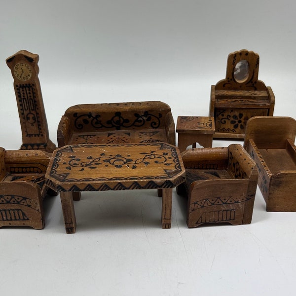 Vintage Wooden Doll / Dollhouse Furniture -- Bed, Vanity, Table, Chairs, Couch, Clock -- Made in Japan, Rustic, Primitive, Pyrography