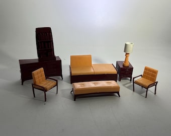 Vintage Marx MCM Plastic Dollhouse Furniture: Midcentury Modern Living Room, Couch, 2 Chairs, Tables, Lamp, Cabinet, 1/2 Scale, Tin Litho