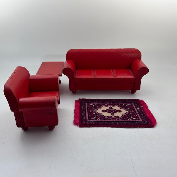 Vintage Wooden Dollhouse Furniture - Red Living Room  Couch / Sofa, Chair, Table, May be Strombecker, Tobacco Rug, 1930s - 1940s, 1:12 Scale