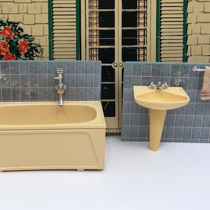 Vintage Lundby Blue and Beige Dollhouse Bathroom -- Bathtub and/or Sink, Seagull Tiles -- 1980s, 1:16, 3/4 Scale