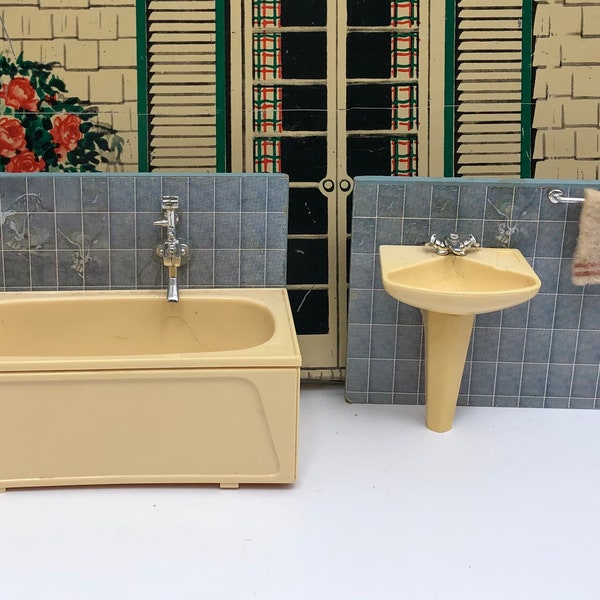 Vintage Lundby Blue and Beige Dollhouse Bathroom -- Bathtub and/or Sink, Seagull Tiles -- 1980s, 1:16, 3/4 Scale