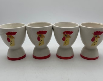 4 Vintage Hunt Howard Rooster Egg Cups -- White, Red and Yellow -- 1961, Midcentury, Chicken / Kitchen Decor, Large, 3.75 Inches Tall, As Is
