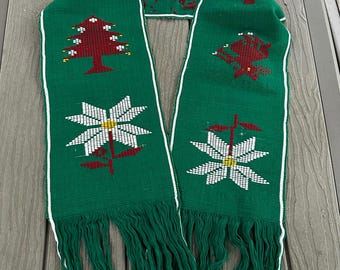 Vintage Woven Holiday Table Runner or Wall Hanging -- Green with Red and White Embroidery, Christmas Decor,  72 by 9 Inches, Guatemalan