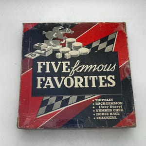 May include: A square board game box titled FIVE famous FAVORITES with red, blue, and white diagonal stripes and a checkered pattern. The box features illustrations of a horse, game chips, and dice, listing Tripoley, Backgammon, Number Chek, Horse Race, and Checkers.