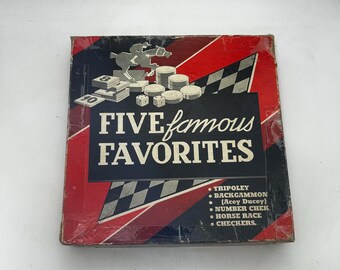 Vintage Five Famous Favorites, Cadaco-Ellis Games Compendium, Checkers, Tripoley, Backgammon, Horse Race, Number Chek, 1940s Collection