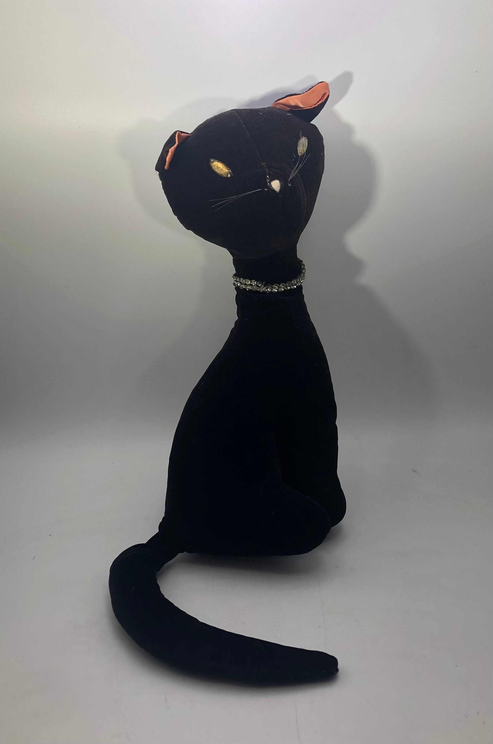 Vintage Stuffed / Plush Black Velvet Cat - Jewel Eyes, Rhinestone 