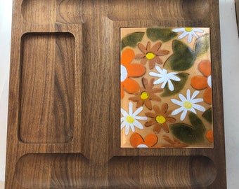 Vintage Large Wooden Serving Tray, Enamel Floral Insert:  Bey-Cor Creations, Charcuterie, Cheese, Snacks, Mod, Mid Century Modern, 1970s