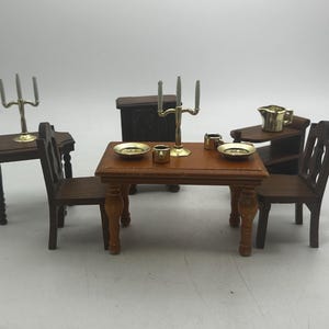 Vintage Strombecker Wooden Dollhouse Dining Room Furniture - Table, 2 Chairs, Tea Cart, Side Table, Radio, Dishes, 1:12 (1 Inch) Scale, 1950