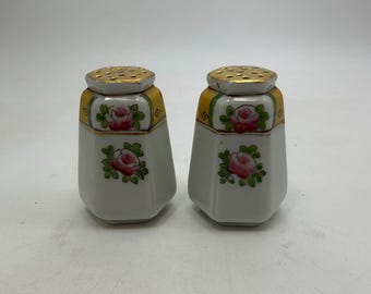 Set of Vintage Porcelain Salt & Pepper Shakers, Rose and Gold, Made in Japan, 3.25 Inches, Table Decor, Tiny Vase, Collection, Display