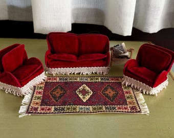 Vintage Lundby / Lisa of Denmark Dollhouse Living Room Furniture - Red Velvet  Couch / Sofa, 2 Chairs, Rug, Magazine Rack, 1:16 or 3/4 Scale