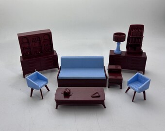 Vintage Marx MCM Dollhouse Furniture: Midcentury Modern Couch, Chairs, Tables, Cabinets, Lamp,  1/2 Scale, Tin Litho, Imagination