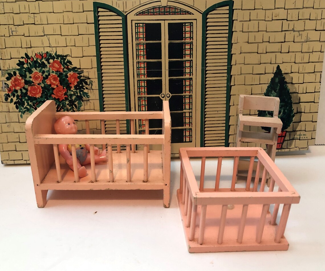 Vintage Pink Wooden Dollhouse Nursery Furniture Crib Etsy