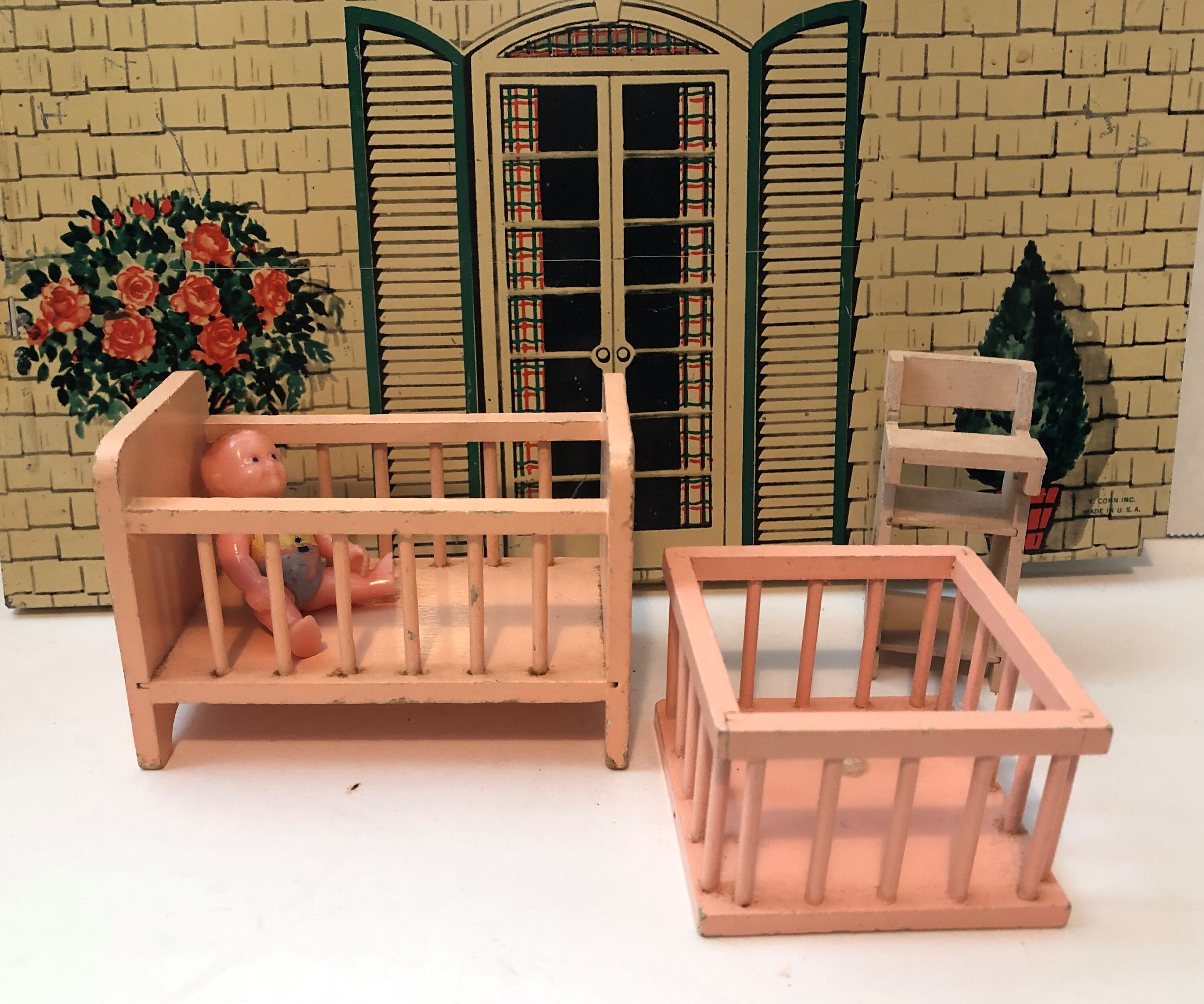 Vintage Pink Wooden Dollhouse Nursery Furniture Crib Playpen High Chair and Renwal Baby Doll 3 4 Scale 1950s 1960s Etsy UK