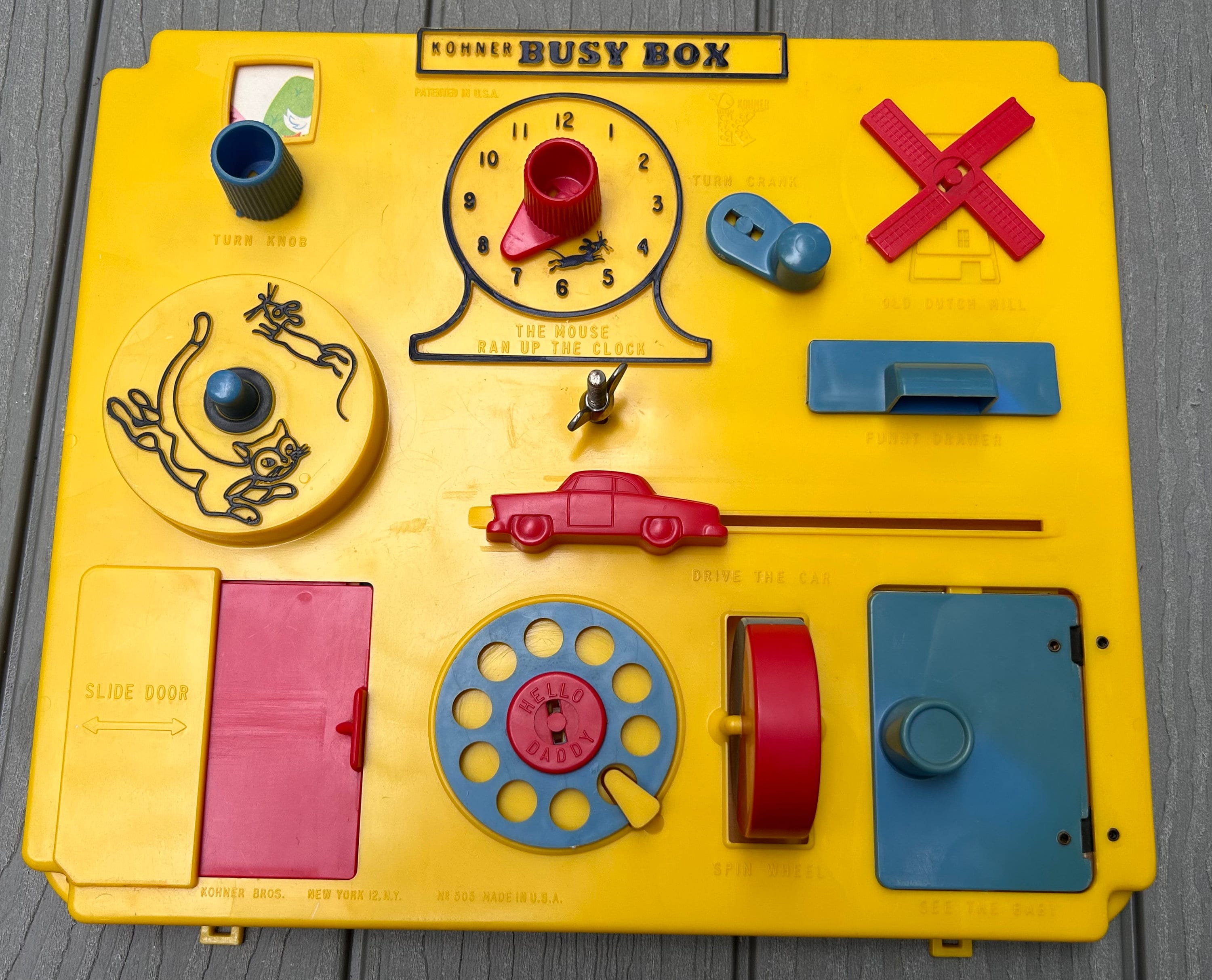 Vintage Kohner Busy Box, 1960s Baby Toy, Yellow, Red and Blue