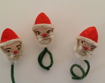 3 Spun Cotton Santa Heads with Pipe Cleaner Trim -- For Christmas Gift Package Tie-ons, Wreaths, Crafts, Holiday Decor, Kitsch