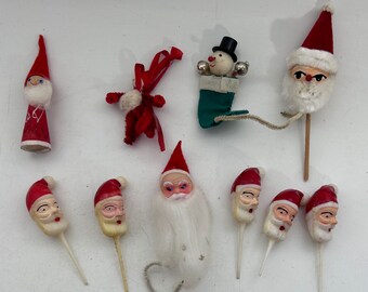 Vintage Plastic Santa Claus Cupcake Picks or Cake Decorations, Spun Cotton Ornaments, 1960s-1970s, Christmas Holiday Baking, Party Decor
