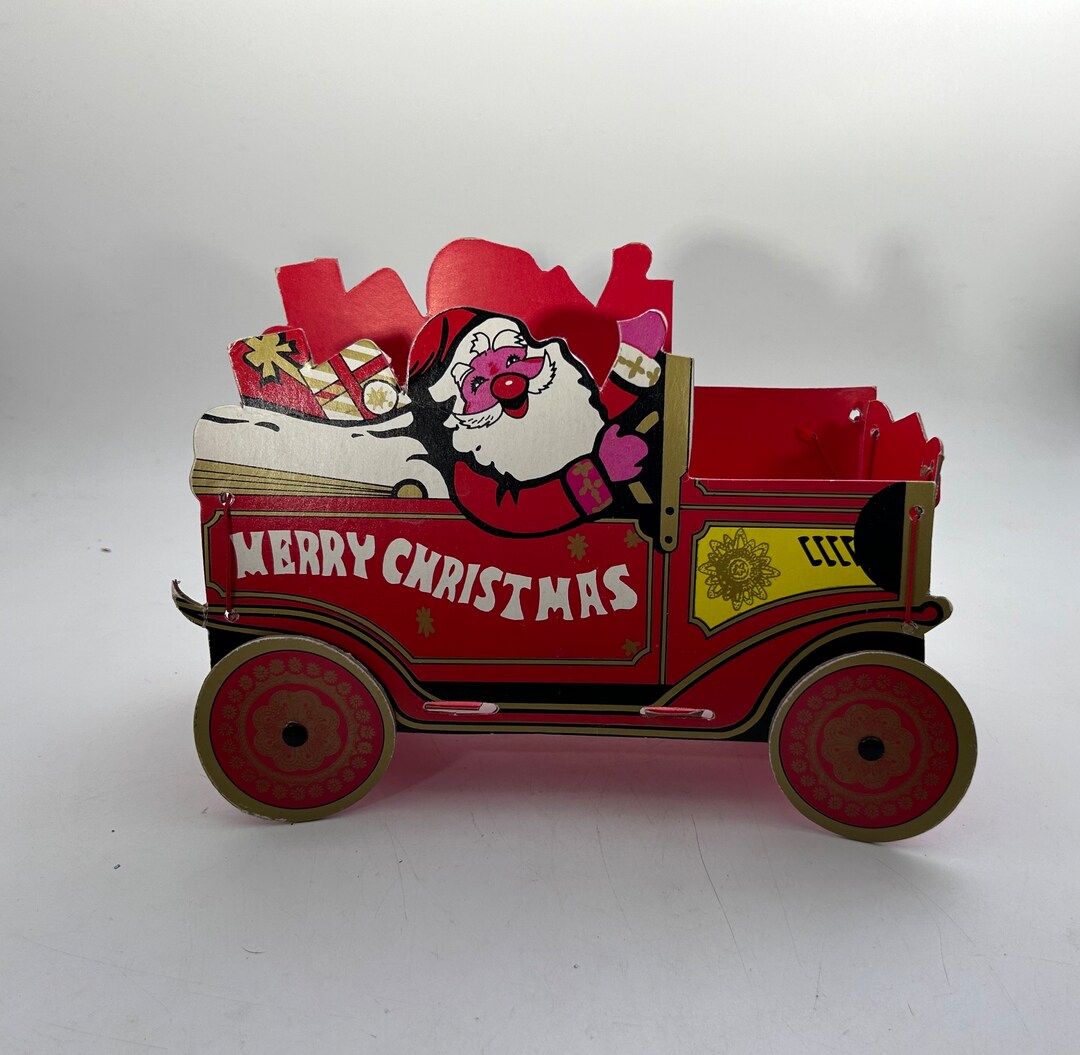 Vintage Folding Cardboard Christmas Card Holder, Santa in Red and Gold