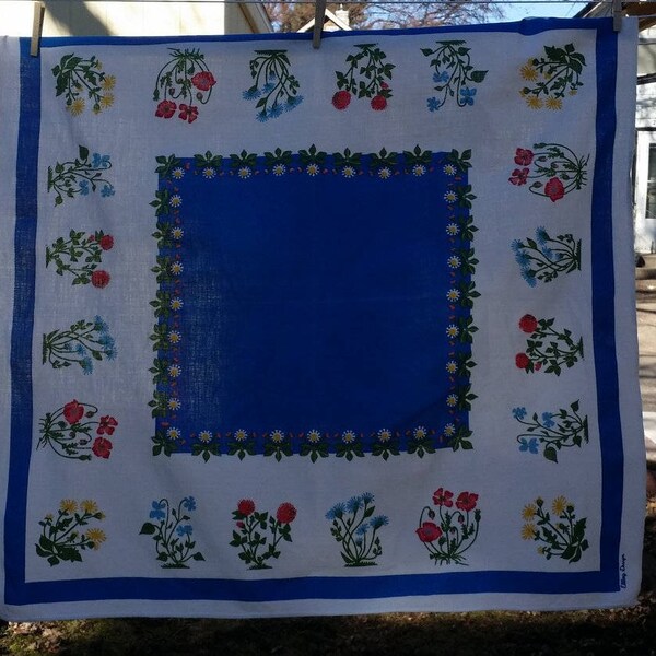 Vintage Elling Design Cotton / Linen Tablecloth -- 34 by 36 inches, Blue and White with Wild Flower Print, Made in Denmark
