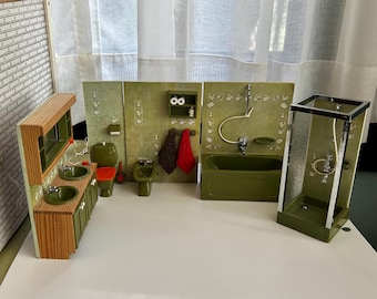 Vintage Lundby Dollhouse Bathroom -- Green / Orange Sink, Tub, Toilet, Shower, Bidet, 1980s, Sweden, 1:16, 3/4 Scale