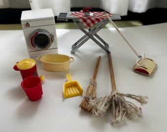 Vintage Dollhouse Furnishings: Washing Machine, Ironing Board, Basket, Mop, Broom, Sweeper,  Dustpan, 1960s-1970s, Midcentury, 3/4 Scale