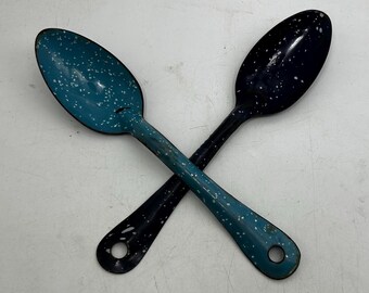 2 Large Vintage Enamel Spoons: Speckled Light and Dark Blue, 9 Inches, Rustic and a Bit Rusty, 1950s-1960s, Display, Camping