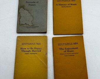 4 Vintage Little Blue Books: History of Music, Enjoyment of Music, Proverbs of France, How to Be Happy Though Married, 1920s-1940s