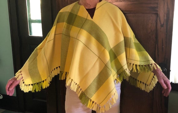 Vintage Handwoven Wool Poncho - Yellow and Olive … - image 1