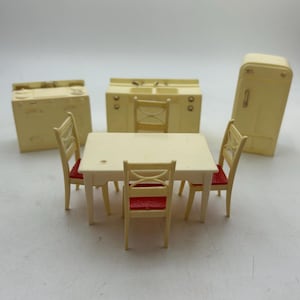 Vintage Dollhouse Furniture - Marx Off White Kitchen Stove, Sink, Refrigerator, Renwal Table and 4 Chairs, 3/4 Scale, Midcentury Tin Litho