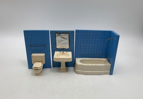 Vintage Wooden Dollhouse Furniture -- Strombecker Bath, Tub, Shower, Toilet, Sink, Mirror, Blue Tile Walls, 1:16, 3/4 Scale, 1940s-1950s