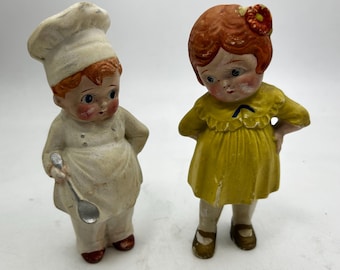 Vintage Boy and Girl Dolls: 6 Inches, Chef, Campbell Kids?, Made in Japan, 1930s-1940s, Chalkware or Bisque, Collection, Gift,