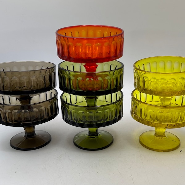 Vintage Imperial Glass Stemmed Sherbet / Dessert Bowls - Yellow and Orange, Green, Smoke / Gray, Midcentury Pressed Glass, Tableware, Party