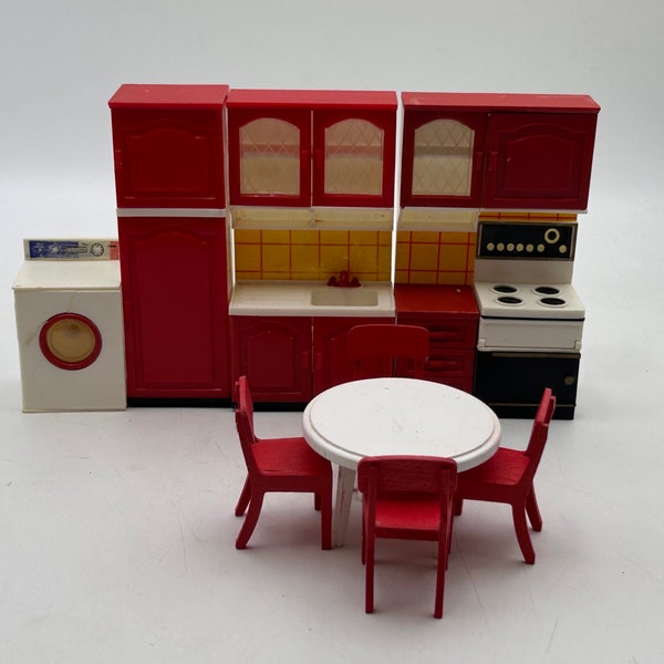Vintage Caroline’s Home / Barton Red, White, Yellow Kitchen -- Stove, Sink, Cabinets, Washing Machine, Table, Chairs, 1:16 (Lundby) Scale